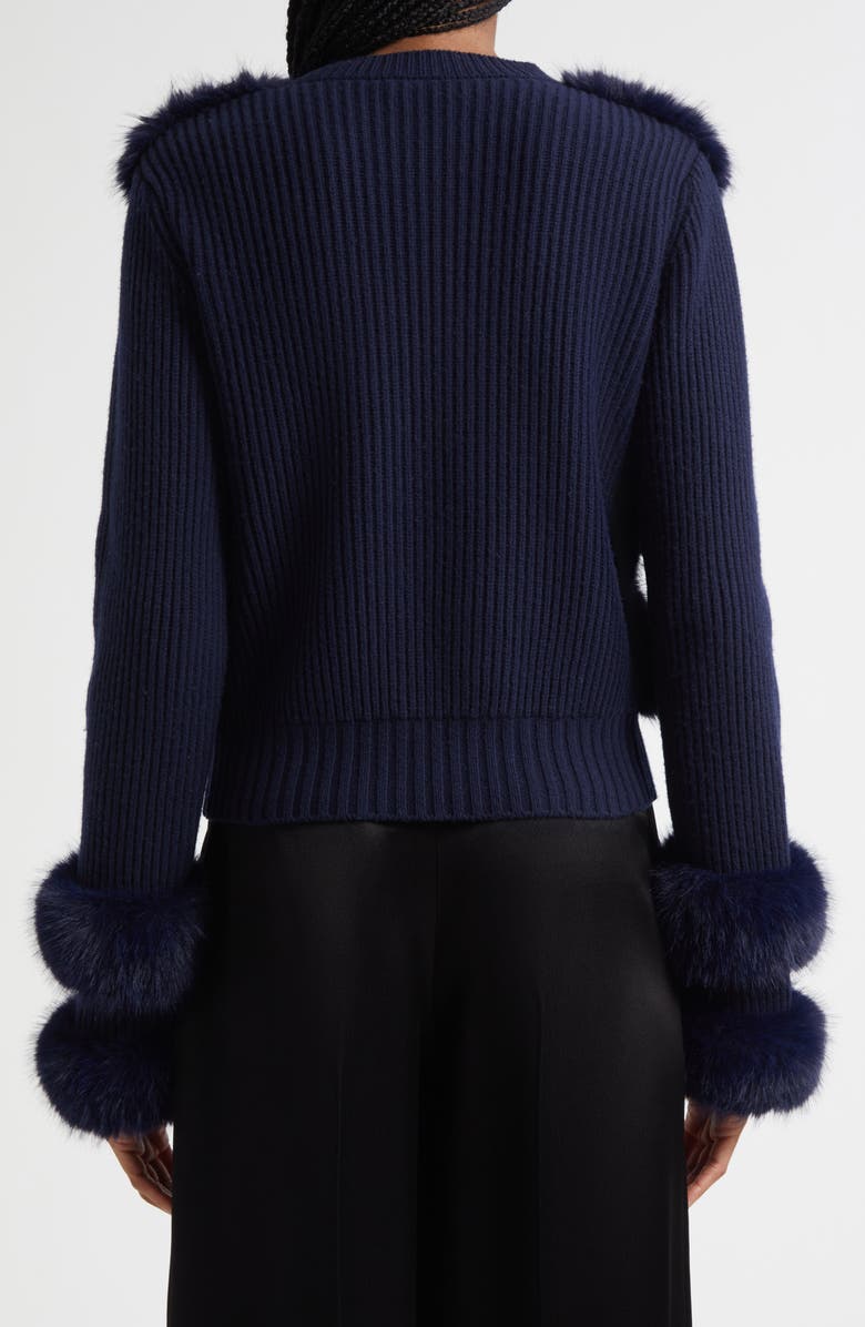 Ramy Brook Vivietta Faux Fur Trim Wool Blend Cardigan, Alternate, color, Navy