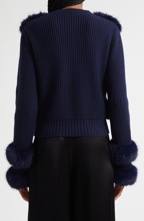 Ramy Brook Vivietta Faux Fur Trim Wool Blend Cardigan In Blue