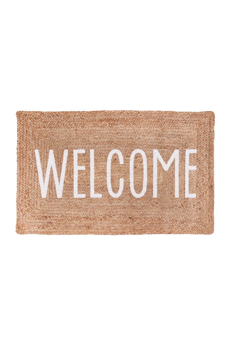 "WELCOME" 100% Jute Braided Indoor/Outdoor Rug, Main, color, Brown
