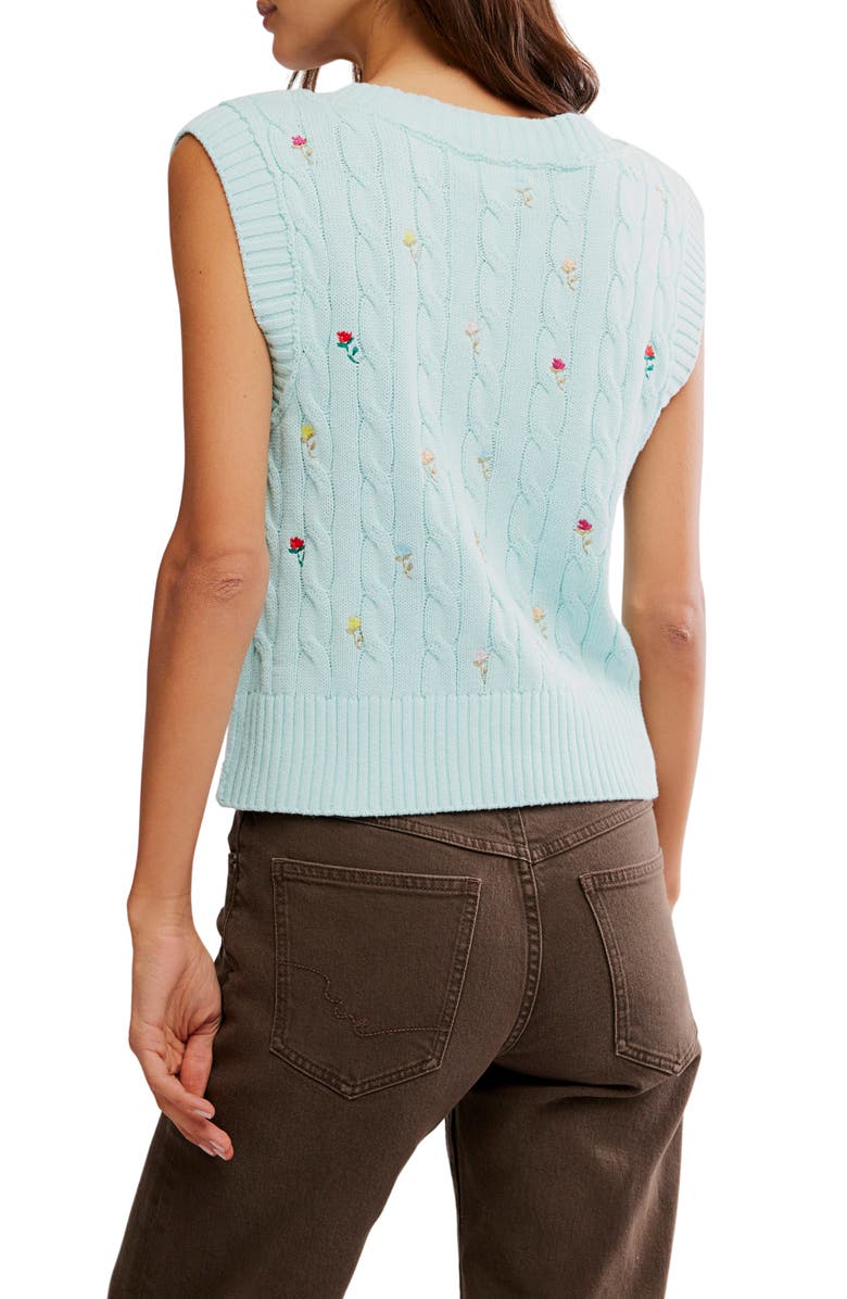 Free People Plumeria Floral Embroidered Cable Stitch Vest, Alternate, color, Blue Glass Combo
