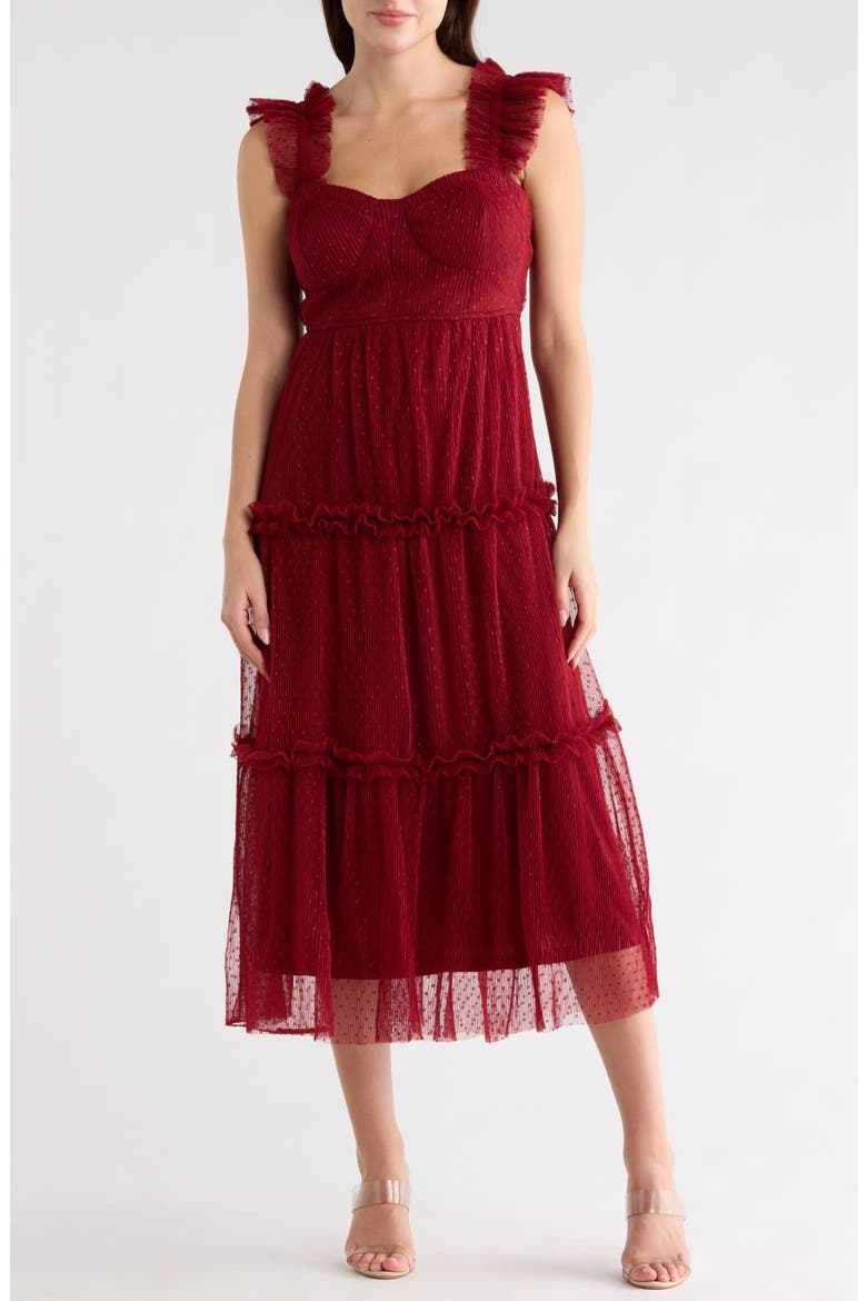 Mesh Tiered Midi Dress, Main, color, BURGUNDY