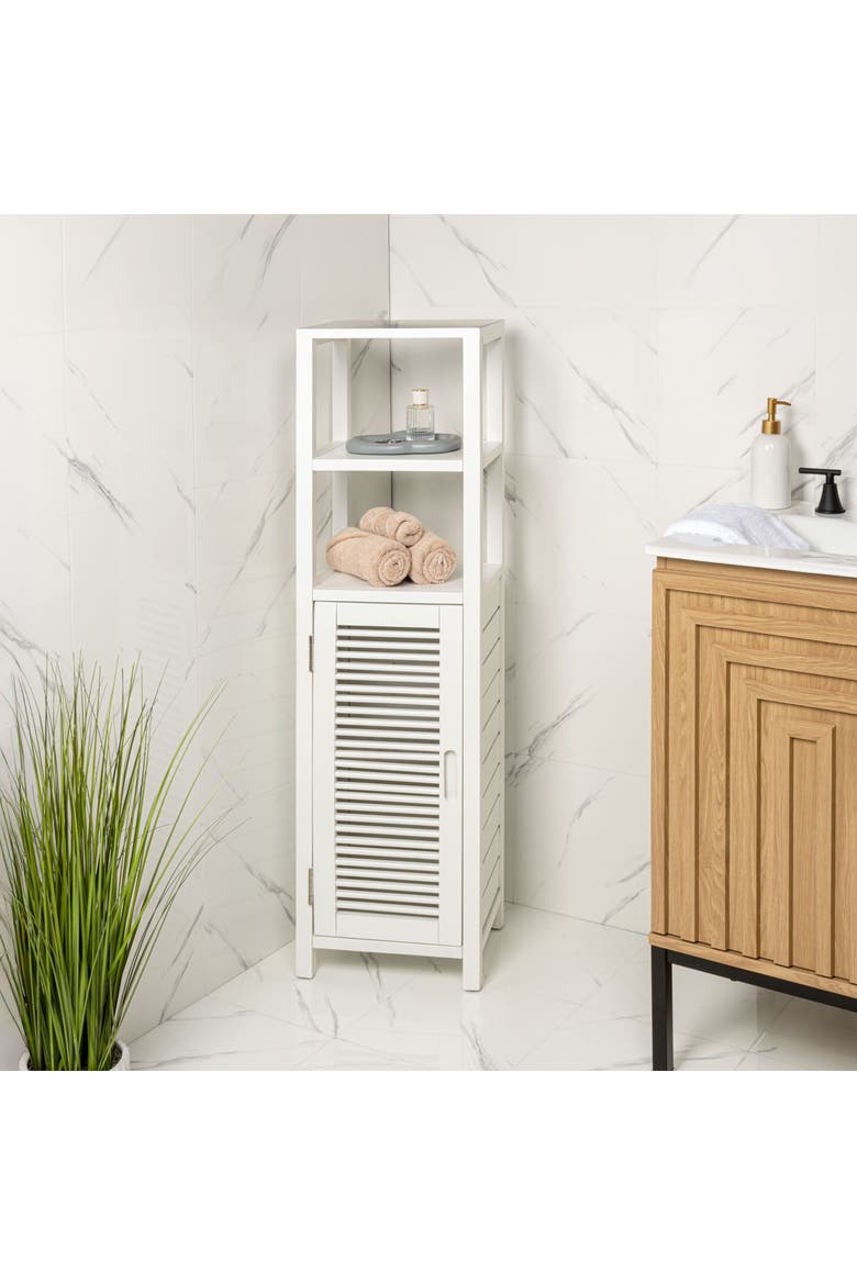 Solstice Handcrafted Pine Wood Bathroom Freestanding Floor Storage Cabinet with Louvered Door and 3-Tier Open Shelves, Alternate, color, White