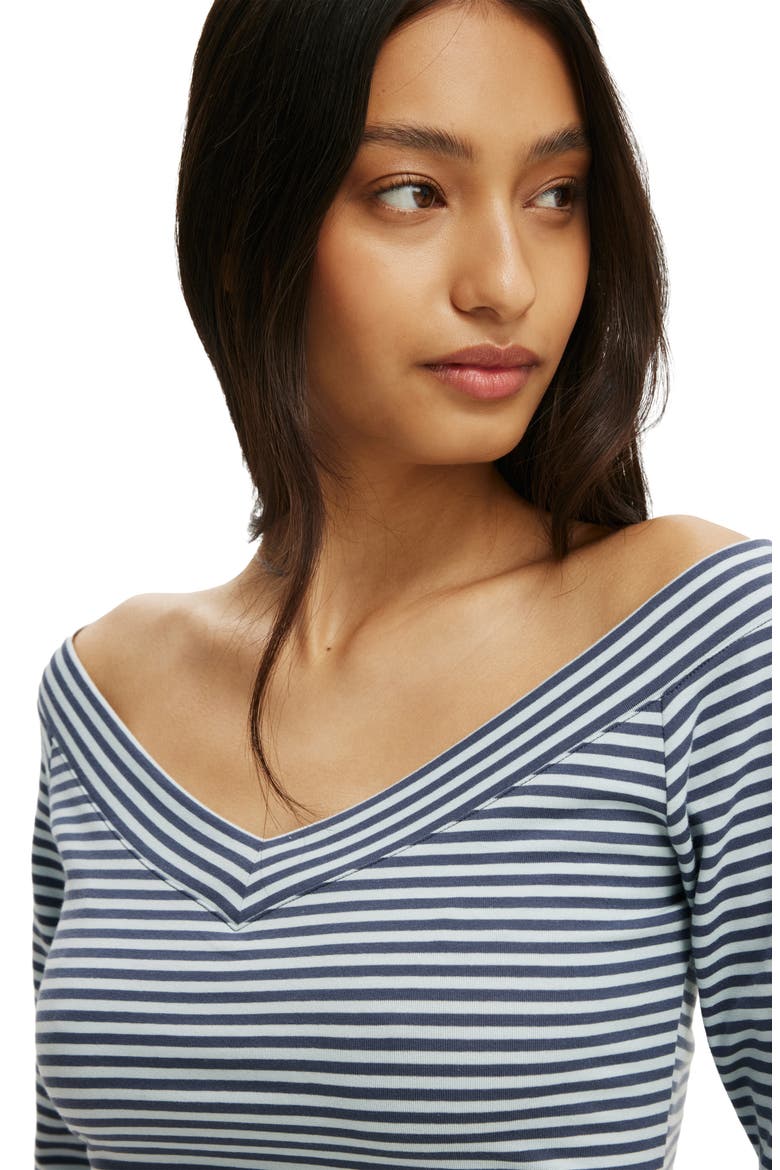 Women's Bella Off Shoulder V Neck 3/4 Tee, Alternate, color, Madi Stripe Collegiate Navy