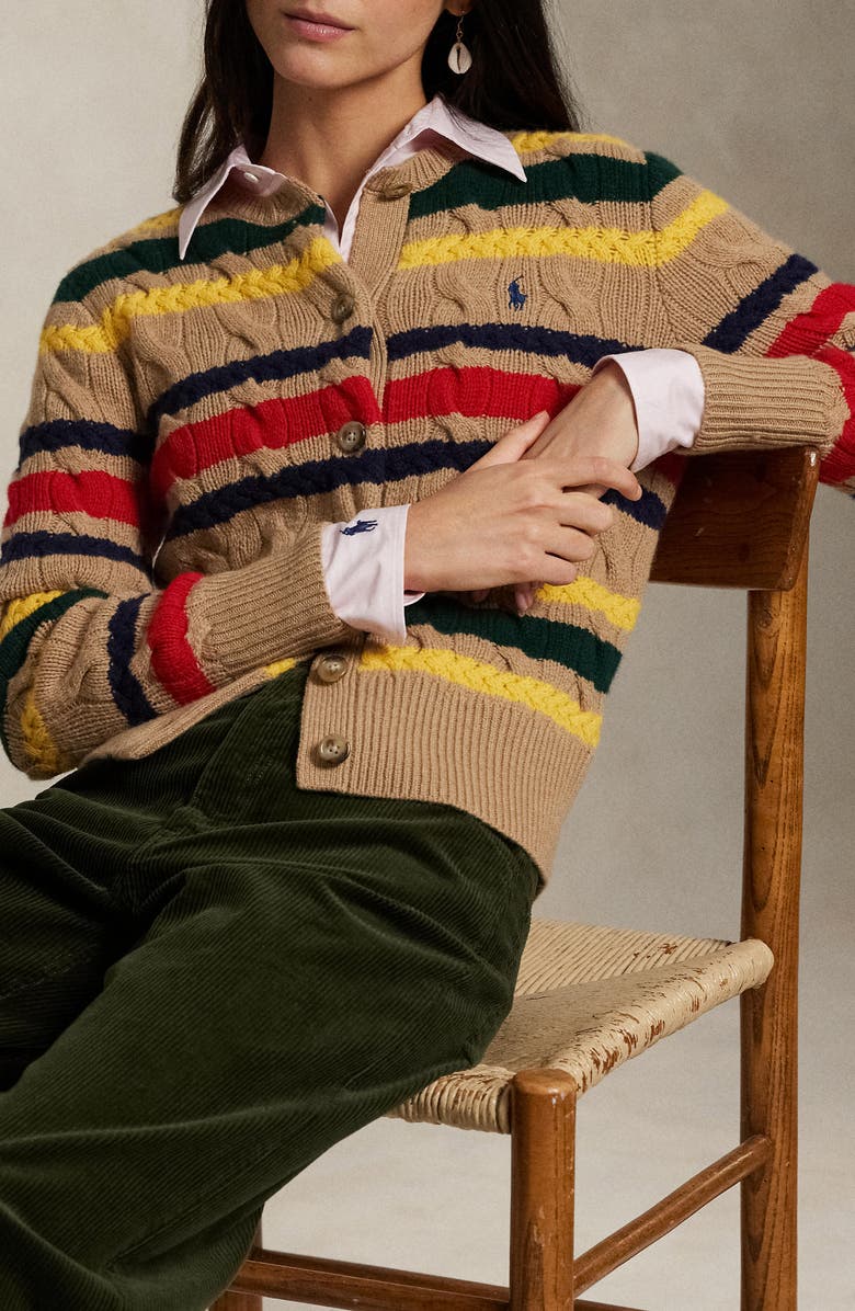 Polo Ralph Lauren Stripe Cable Stitch Wool & Cashmere Cardigan, Alternate, color, Collection Camel Melange Multi