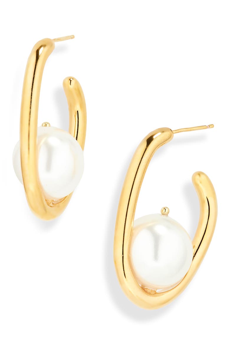Faux Pearl Hoop Earrings, Main, color, PEARL