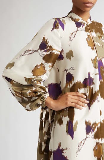 Max Mara Maesa Floral Long Sleeve Shantung Silk Maxi Dress
