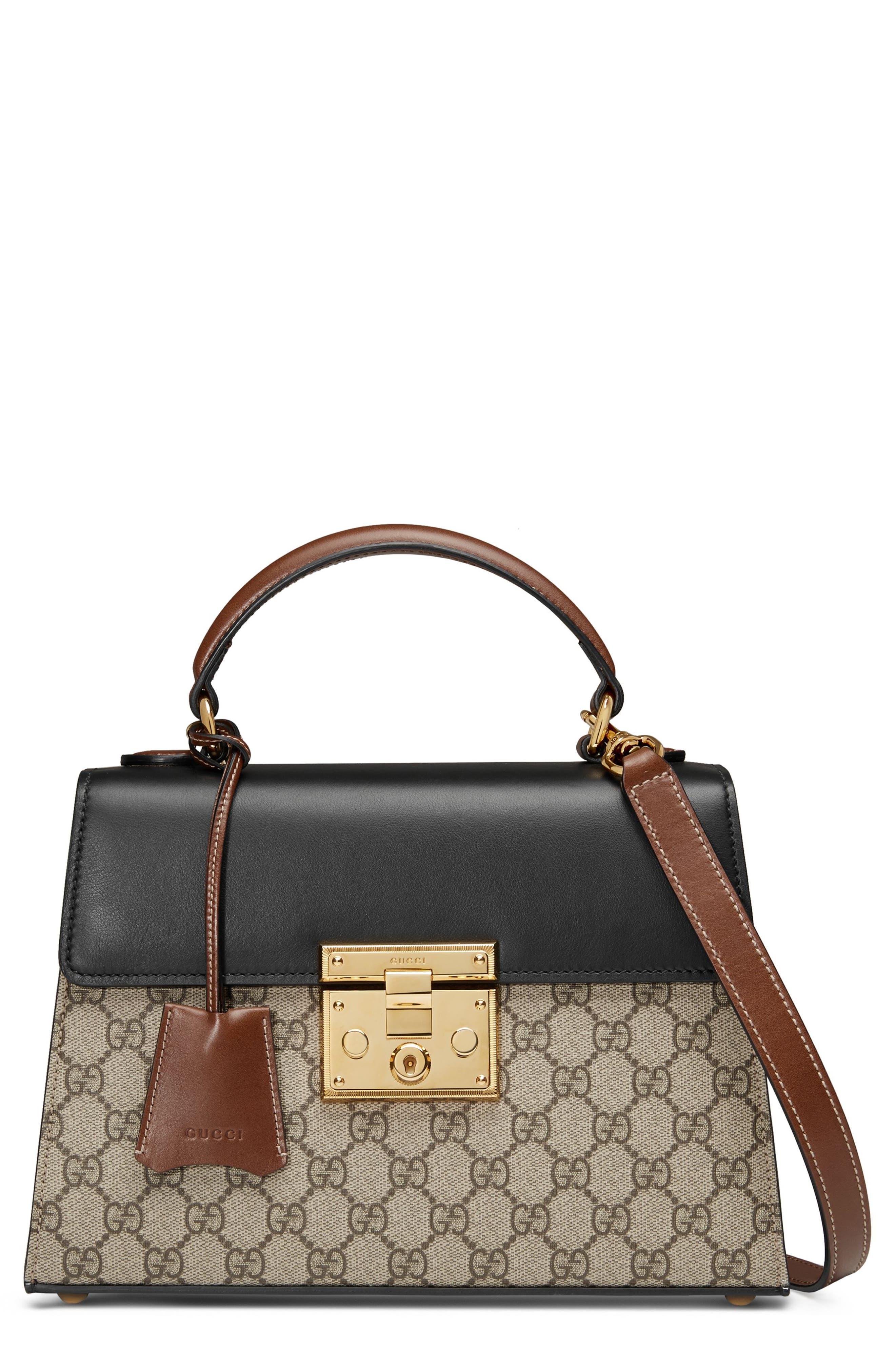 Small Padlock GG Supreme Canvas & Leather Top Handle Satchel, Main, color, BEIGE EBONY/ NERO/ TOSCANO