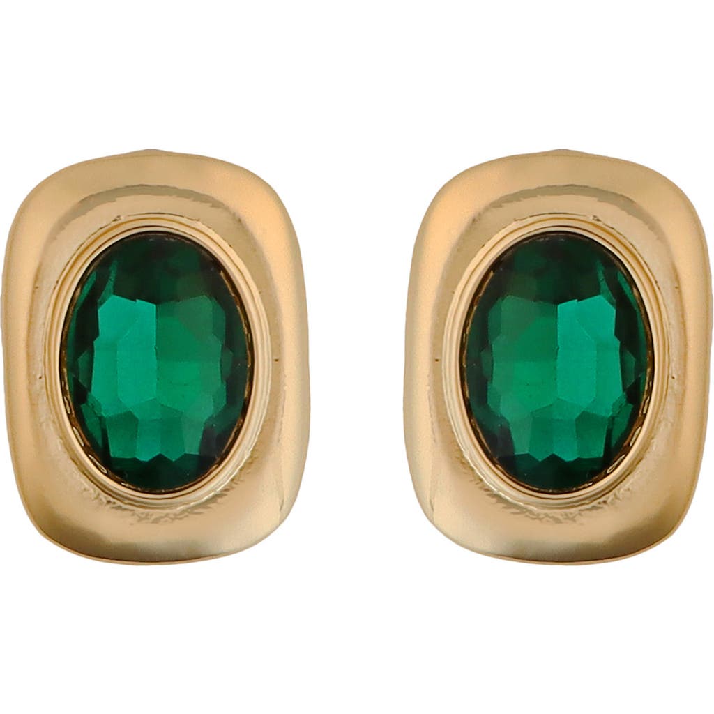 Panacea Green Cubic Zirconia Square Stud Earrings In Gold