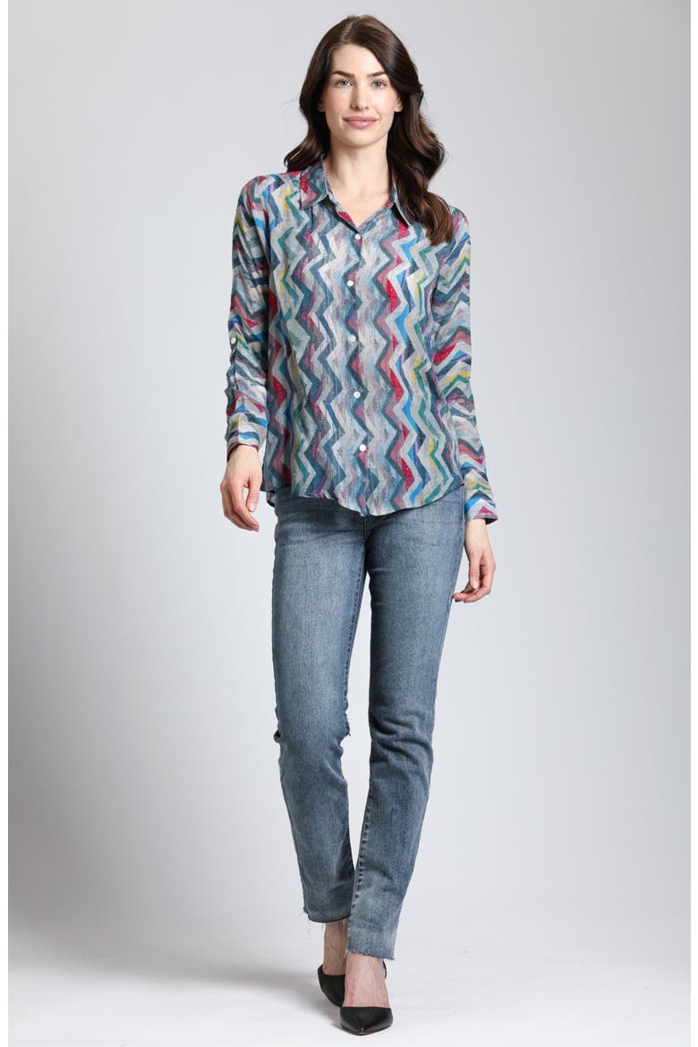 Abstract Print Roll Tab Sleeve Chiffon Button-Up Shirt, Alternate, color, BLUE/GREY MULTI