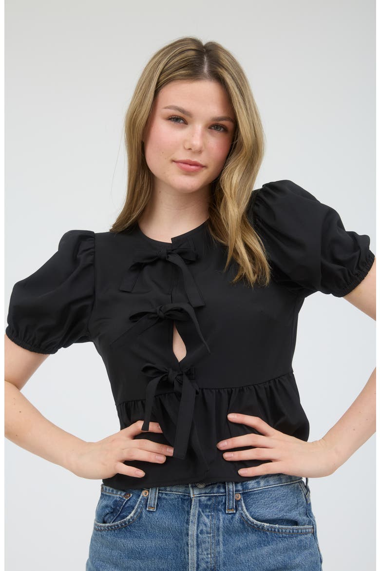 Bow Embellished Peplum Top, Alternate, color, BLACK