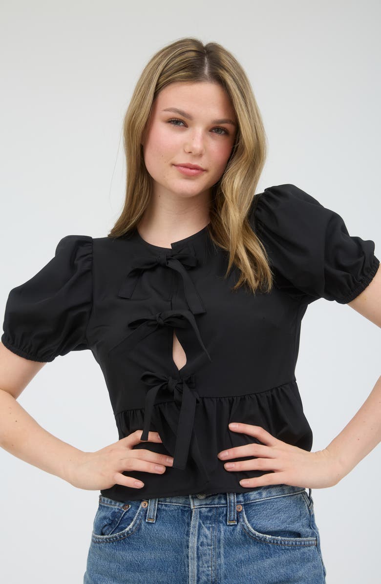 Blu Pepper Bow Embellished Peplum Top, Alternate, color, Black