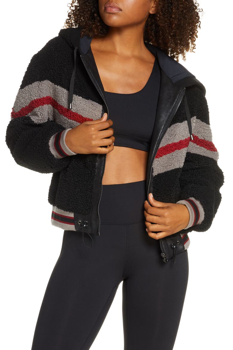 Crop Faux Fur Zip Hoodie, Main, color, BLACK
