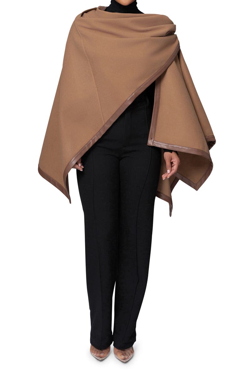 JLUXLABEL Felt Shawl with Faux Leather Trim, Main, color, Brown