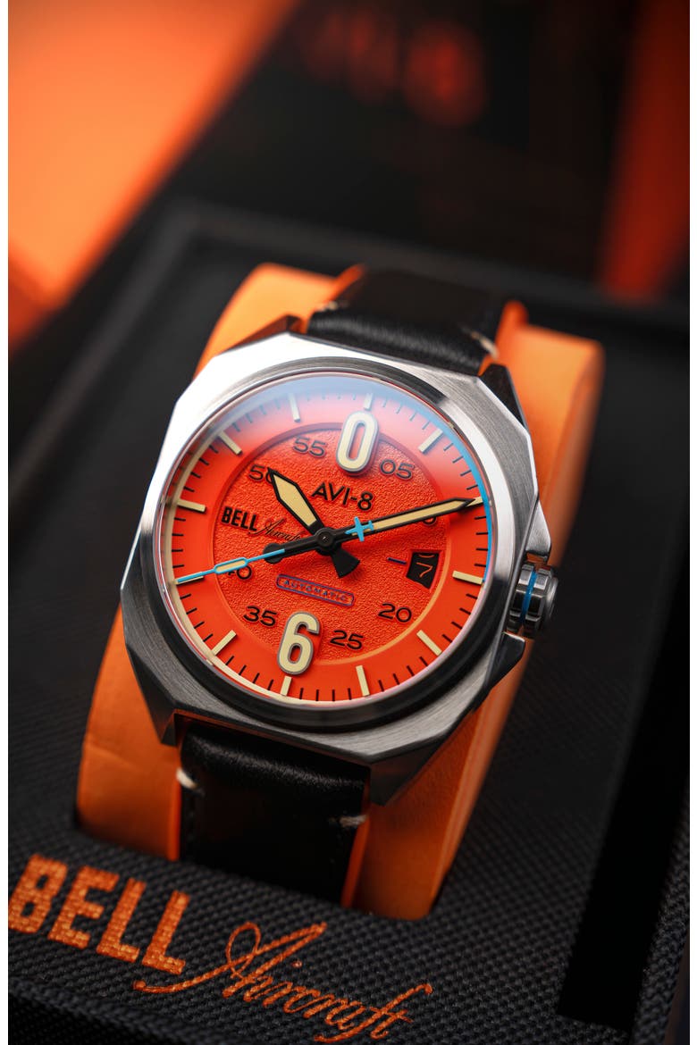 Bell X-1 Machbuster Automatic Leather/Rubber Strap Watch, 41mm, Alternate, color, ORANGE