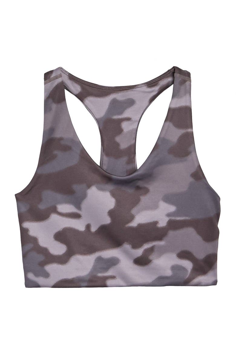 Longline Sports Bra, Main, color, GREY QUICK CAMO BLUR PRINT