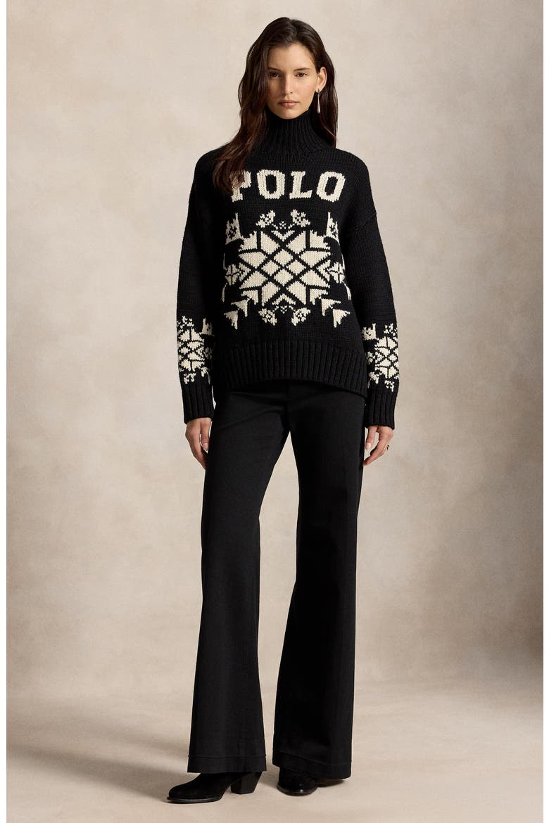 Snowflake Stretch Wool Turtleneck Sweater, Alternate, color, BLACK MU