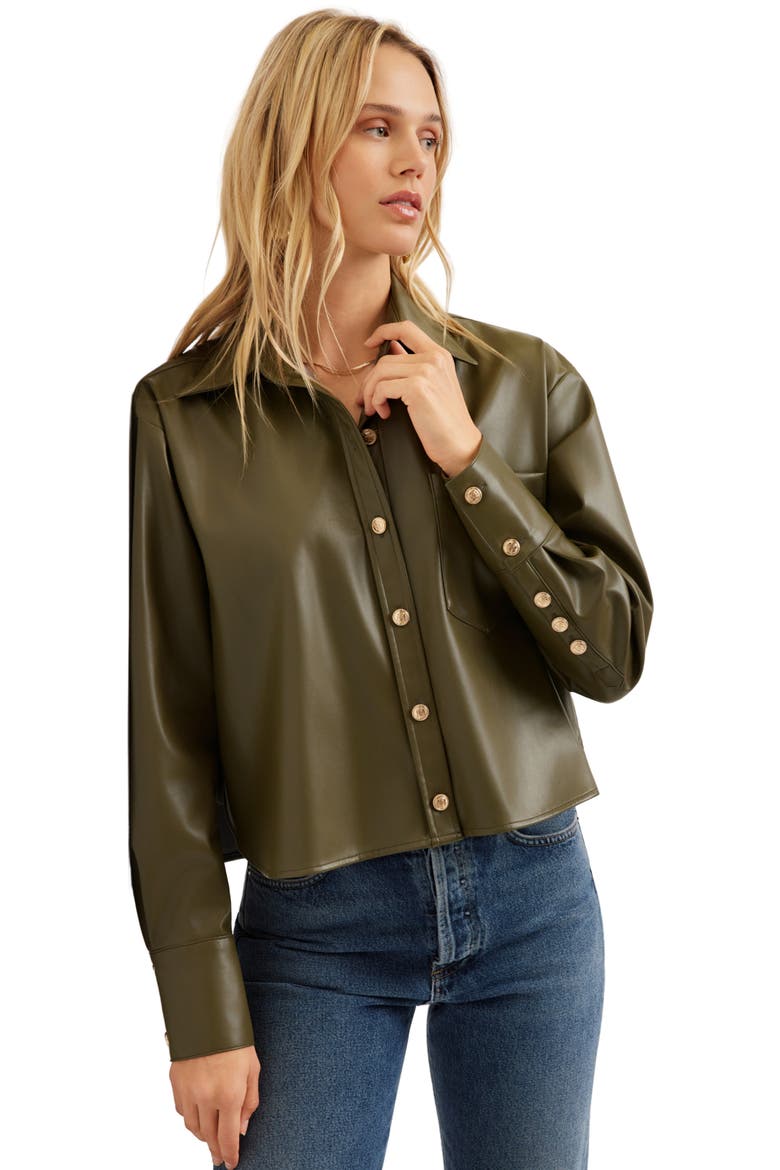 Victoria Faux Leather Button-Up Shirt, Alternate, color, MOSS