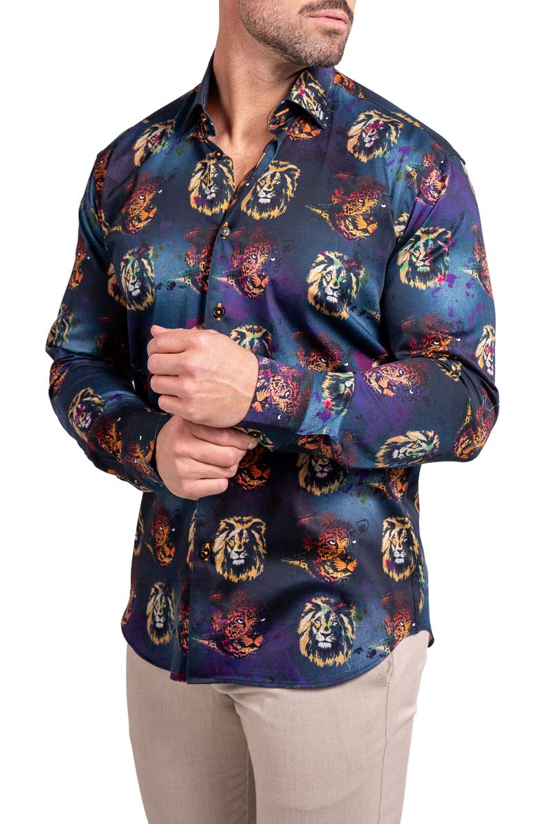 Maceoo Fibonacci Ascension 0234 Lion Print Contemporary Fit Button-Up Shirt, Alternate, color, Black