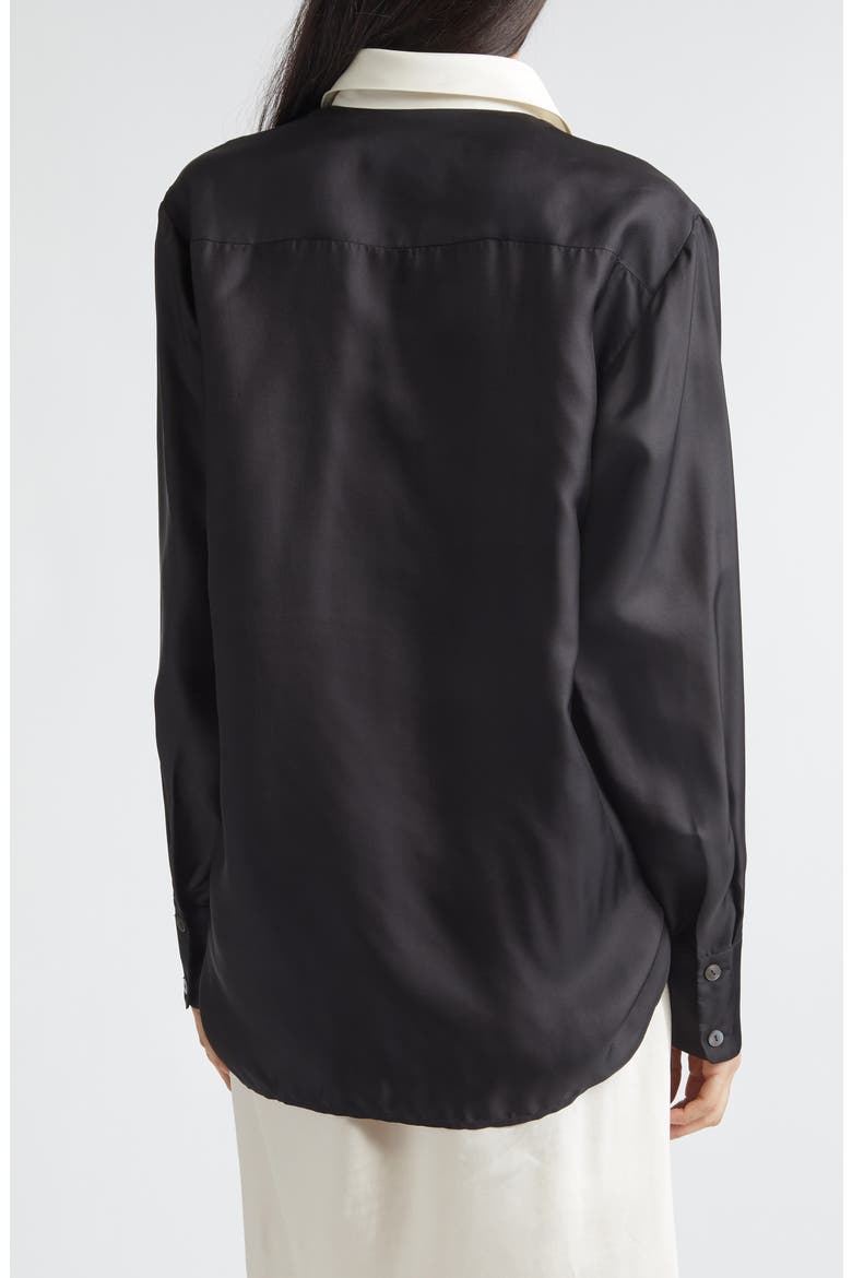 Chiu Contrast Collar Satin Button-Up Shirt, Alternate, color, BLACK
