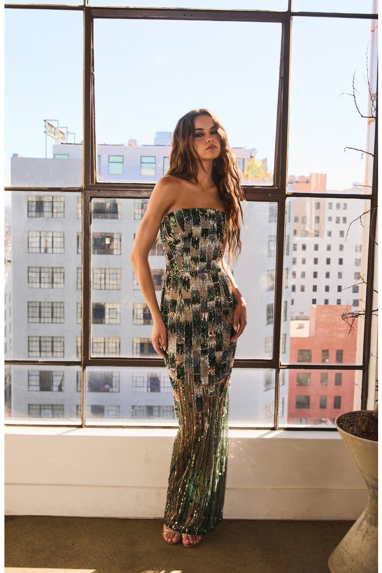 Cher Sequin Mixed Print Strapless Gown, Alternate, color, EMERALD