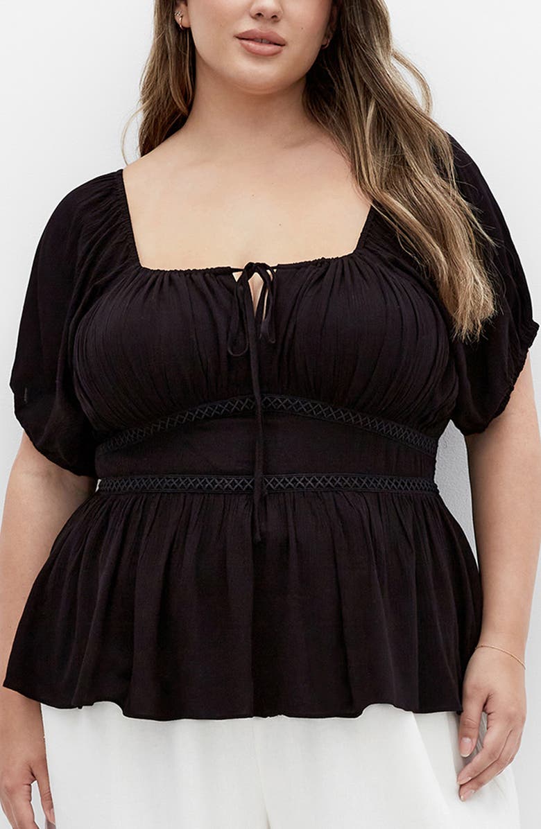 City Chic Ebony Tie Neck Peplum Top, Alternate, color, 