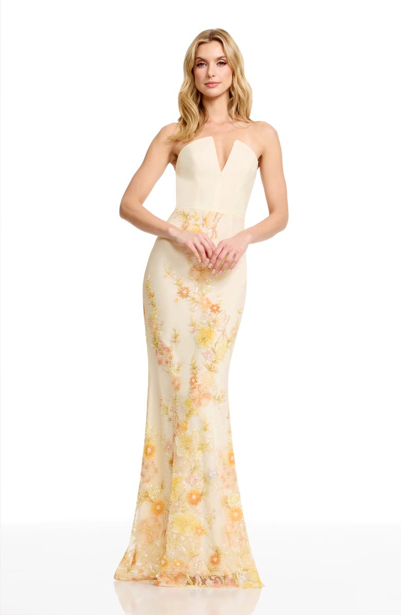Dress the Population Fernanda Bead Embellished Floral Strapless Gown, Alternate, color, Ivory Multi