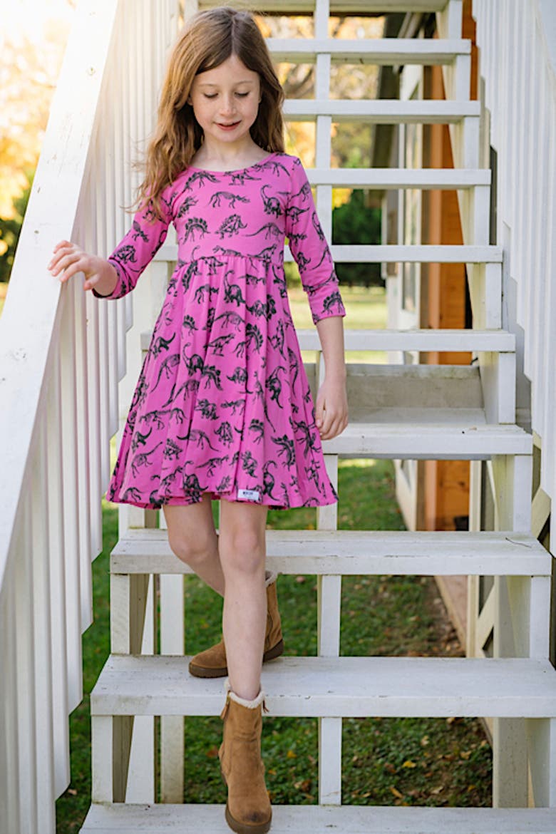 Printed Twirly Dress, Alternate, color, Dino
