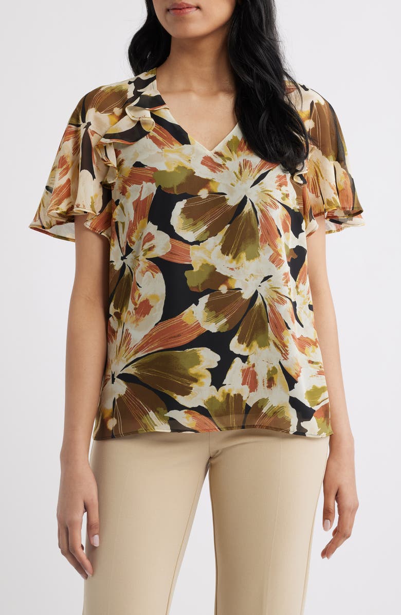 Anne Klein Print Flutter Sleeve Top, Main, color, Anne Black/ Green Multi