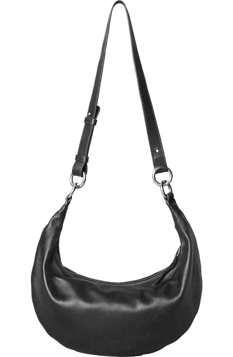 HYER GOODS Small Leather Convertible Hobo Crescent Ring Bag, Main, color, Black/Silver