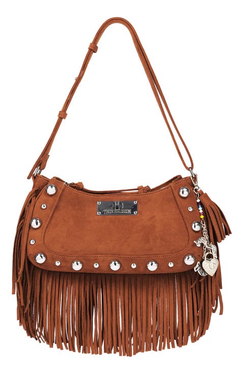 Vintage Dangle Fringe Faux Suede Hobo