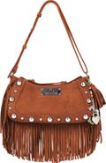 True Religion Vintage Dangle Fringe Faux Suede Hobo