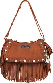 True Religion Vintage Dangle Fringe Faux Suede Hobo