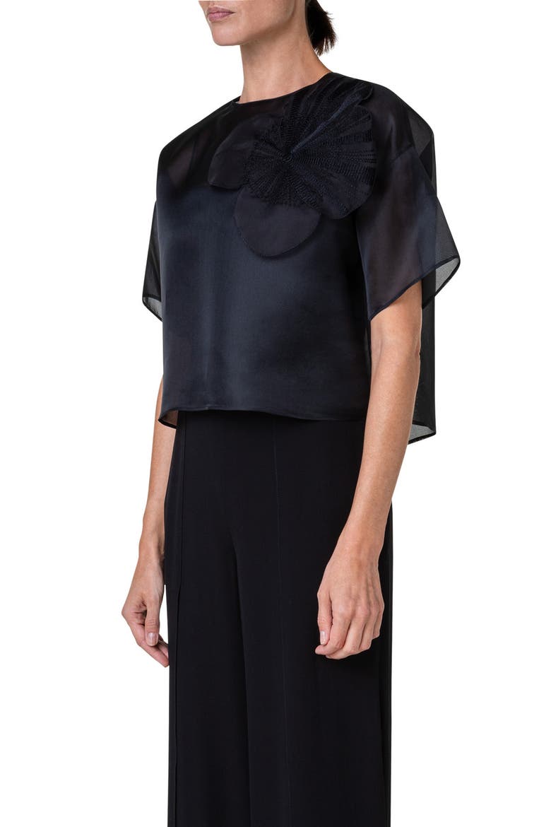 Poppy Patch Crop Silk Organza Top, Alternate, color, BLACK