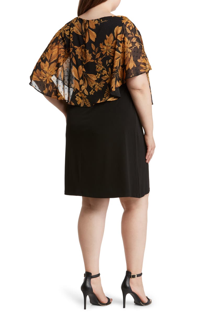 Connected Apparel Floral Cape Overlay Sheath Dress, Alternate, color, Mustard