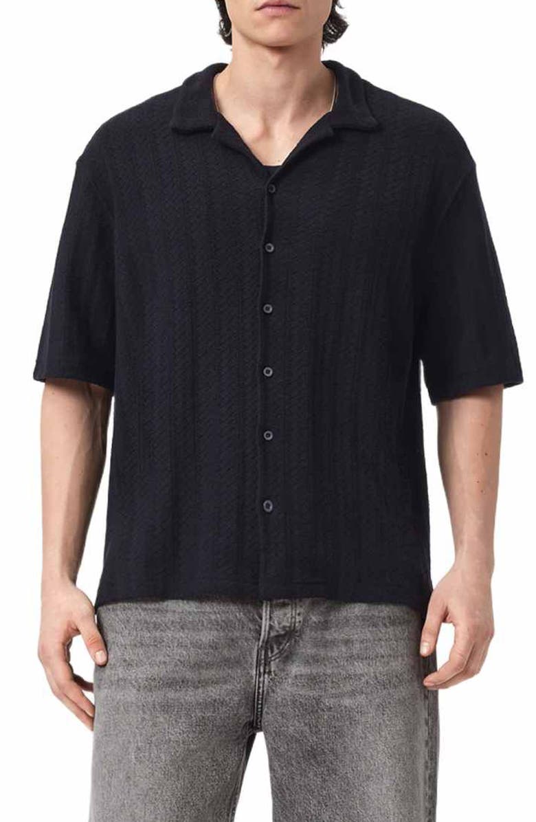 AllSaints Trace Textured Cotton Camp Shirt, Main, color, Jet Black