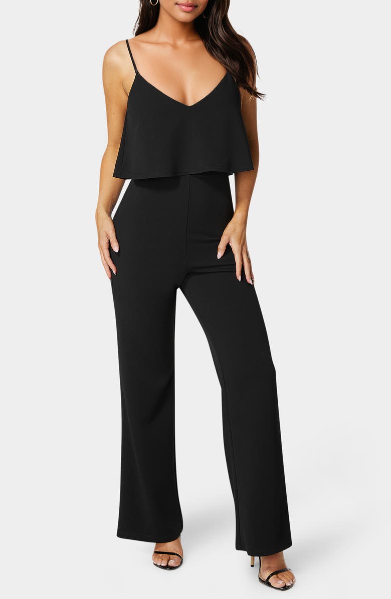 bebe Ruffle Overlay Wide Leg Jumpsuit, Main, color, Black