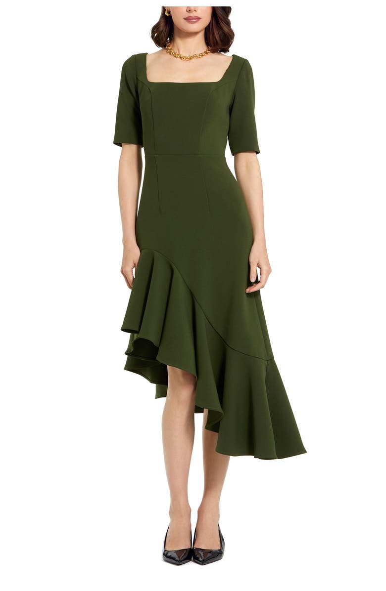 Mac Duggal Crepe 3/4 Sleeve Asymmetrical Hem Belted Dress, Main, color, Dark Green