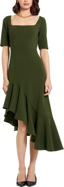 Mac Duggal Crepe 3/4 Sleeve Asymmetrical Hem Belted Dress