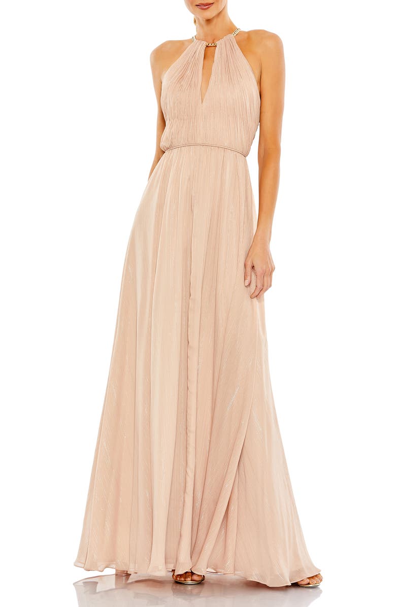 Mac Duggal Chain Trim Keyhole Halter Neck A Line Gown, Main, color, Beige