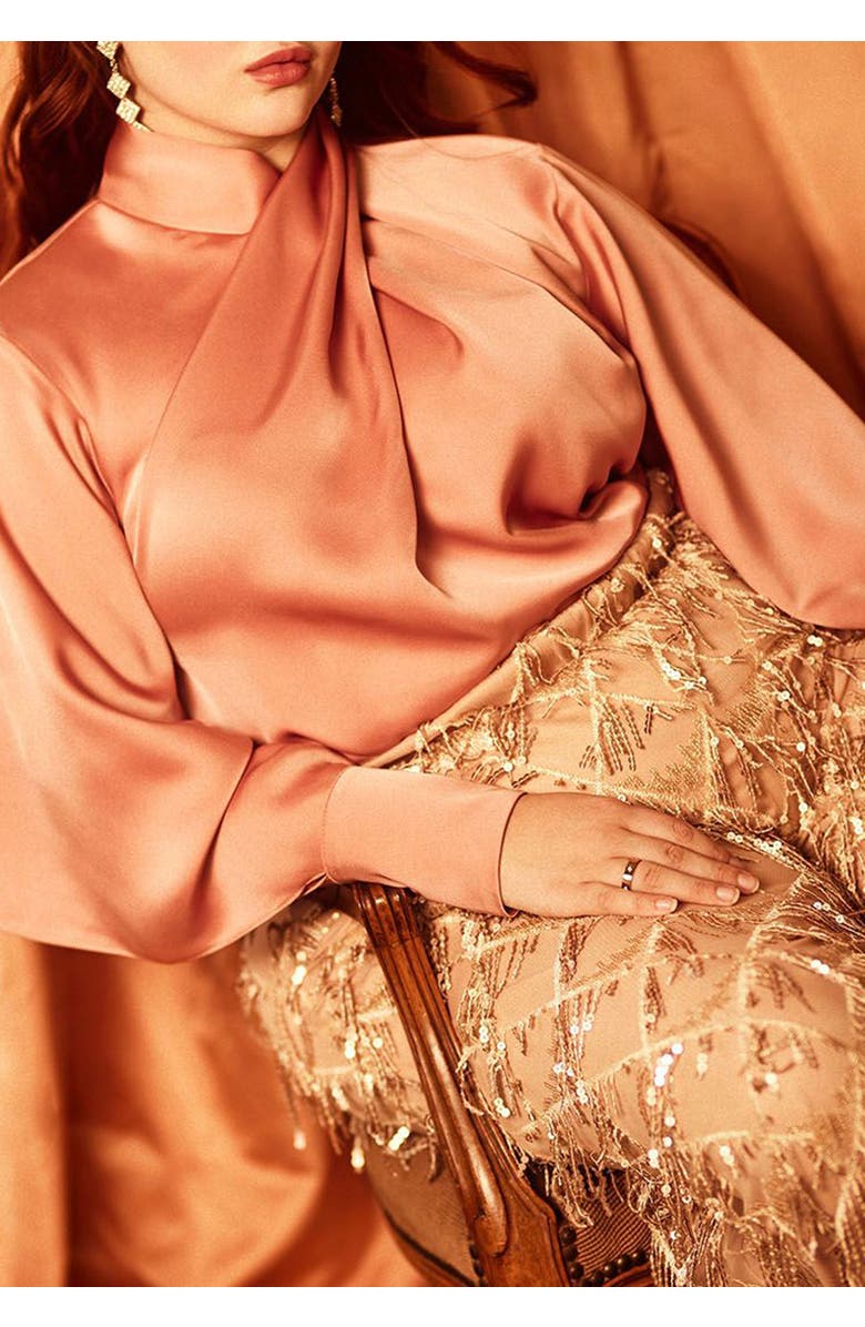 ELOQUII Draped Neck Satin Blouse, Alternate, color, Totally Black