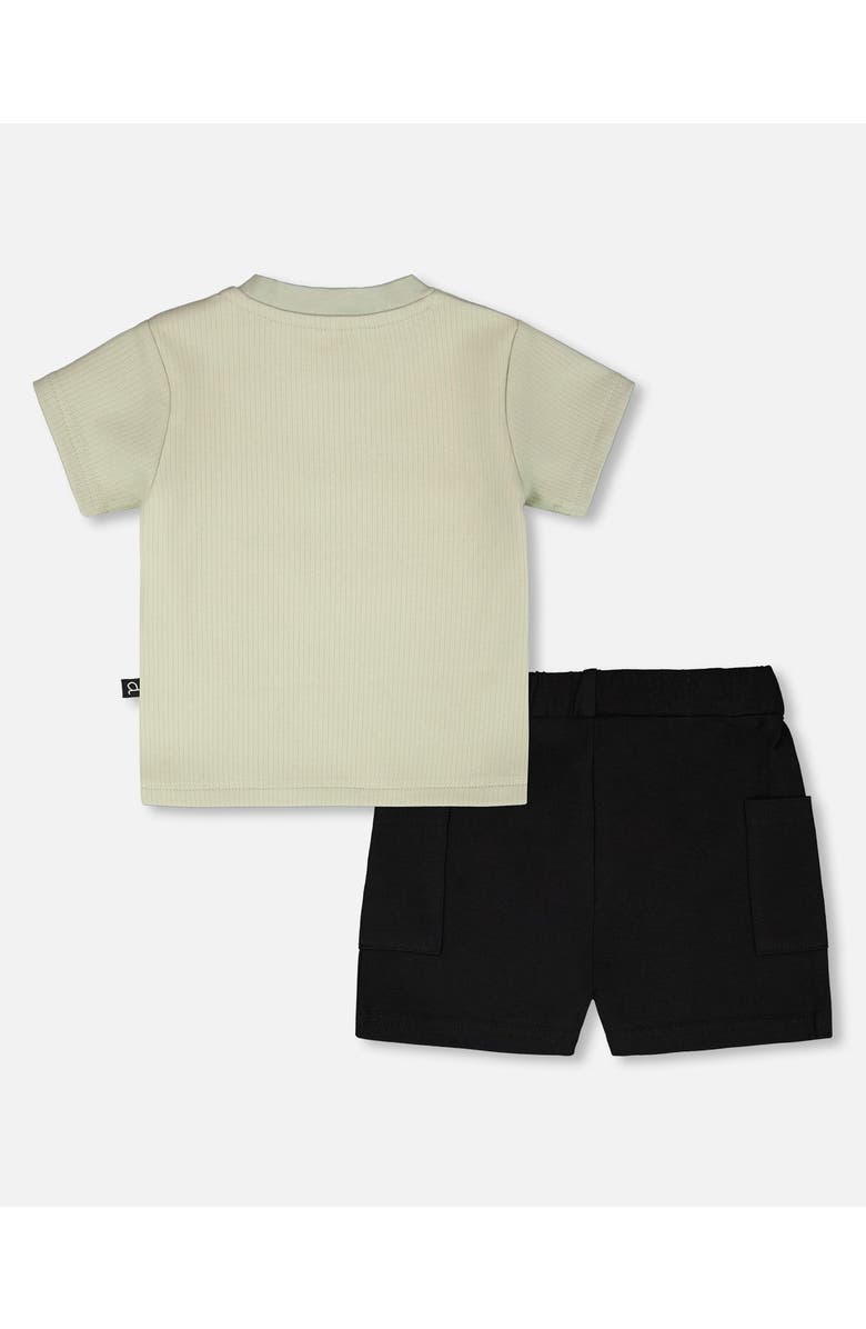 Deux par Deux Cotton Rib Jersey T-Shirt and Organic Cotton Jersey Short Set, Alternate, color, Sage Green And Black