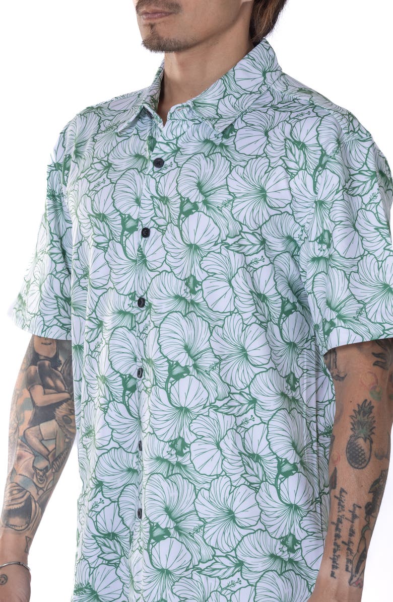 VAST Hibiscus Print Floral Short Sleeve Performance Button-Up Shirt, Alternate, color, Green