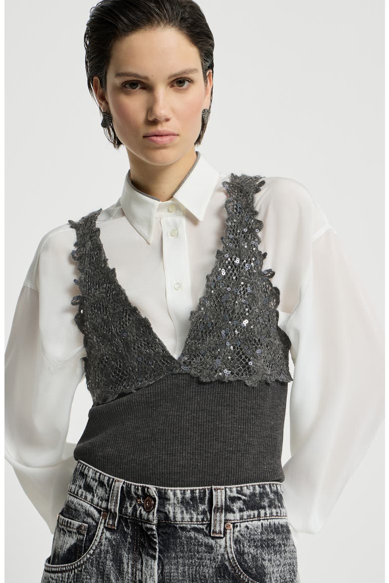 Ribbed wool jersey top with dazzling lace embroidery, Alternate, color, Lead