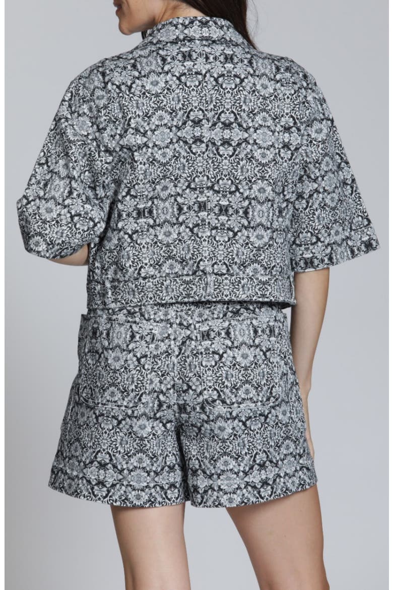 Floral Print Short Sleeve Denim Jacket, Alternate, color, BLACKWHITE