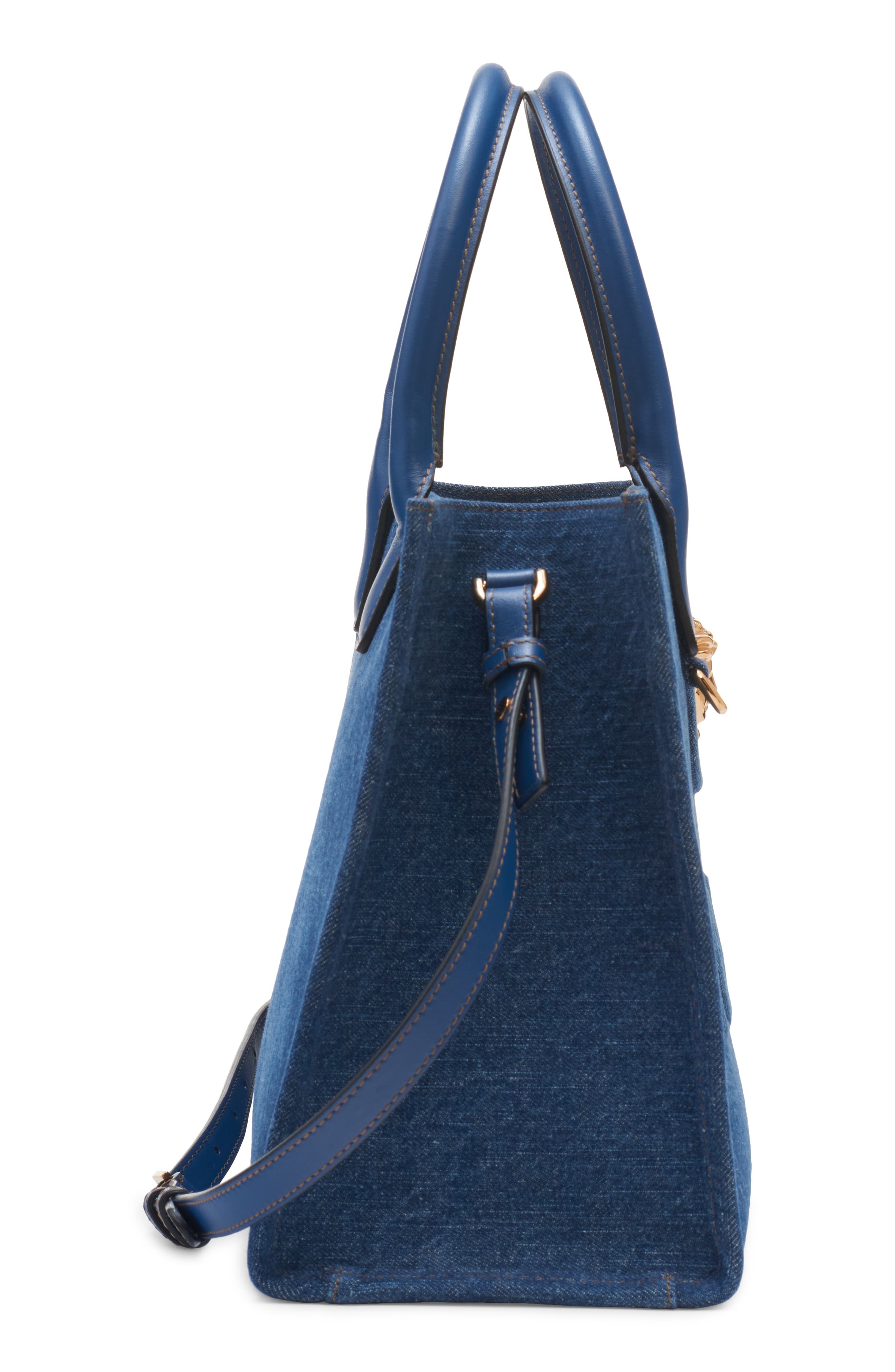 Versace Small La Medusa Denim Tote, Alternate, color, Navy/ Versace Gold