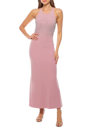 Marina Crystal Embellished & Faux Pearl Gown In Pink