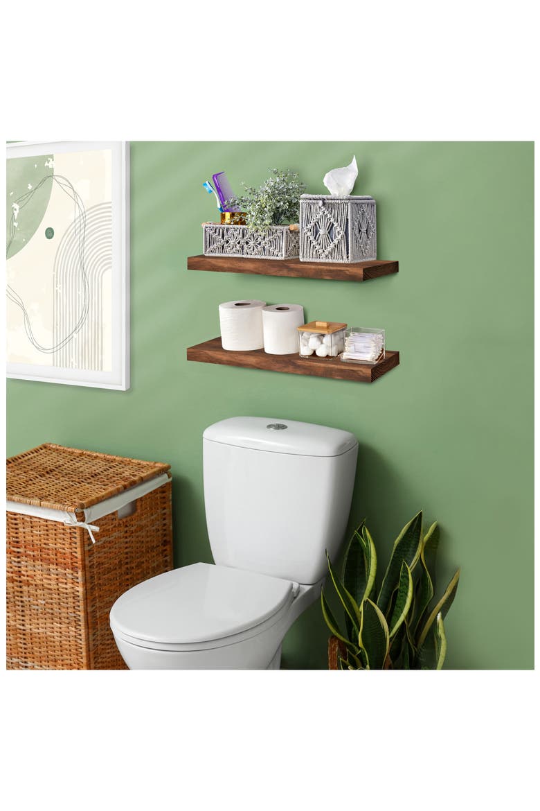 Set of 2 Solid Wood Floating Shelves, Alternate, color, BROWN
