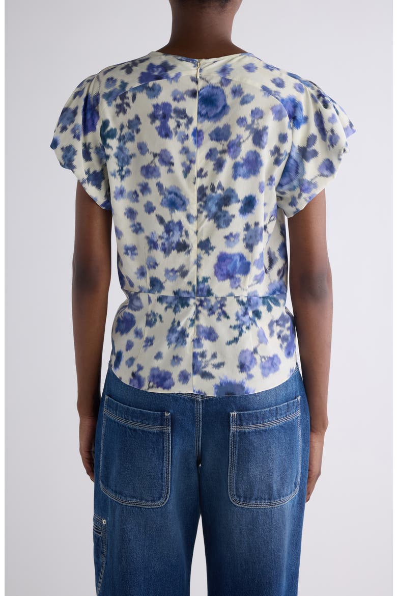Tullya Ikat Floral Bubble Sleeve Stretch Silk Top, Alternate, color, BLUE