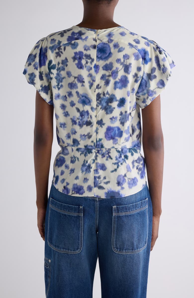 Isabel Marant Tullya Ikat Floral Bubble Sleeve Stretch Silk Top, Alternate, color, Blue