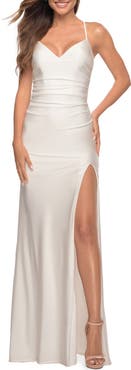 La Femme Long Homecoming Dress with Slit and Criss Cross Back